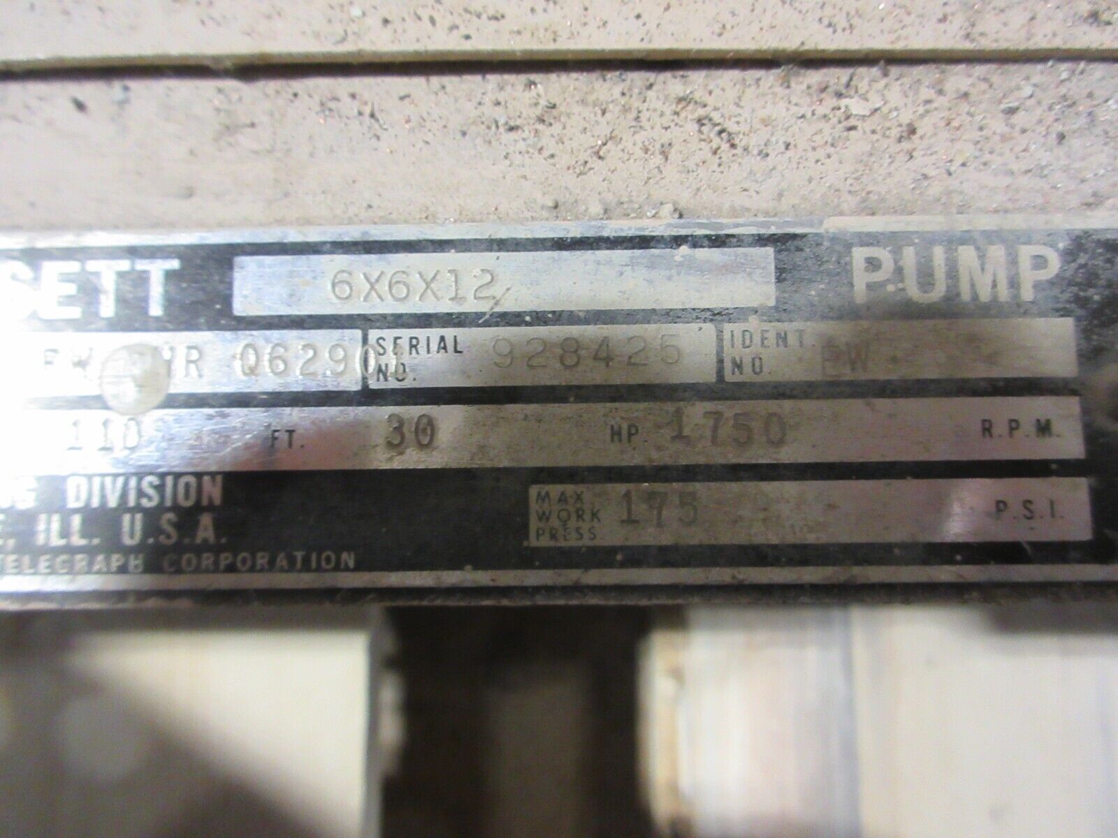 Bell & Gossett 6X6X12 Pump VSC-S 10-3/4 BFW RHR Q62901 30HP 540GPM 1750RPM Used