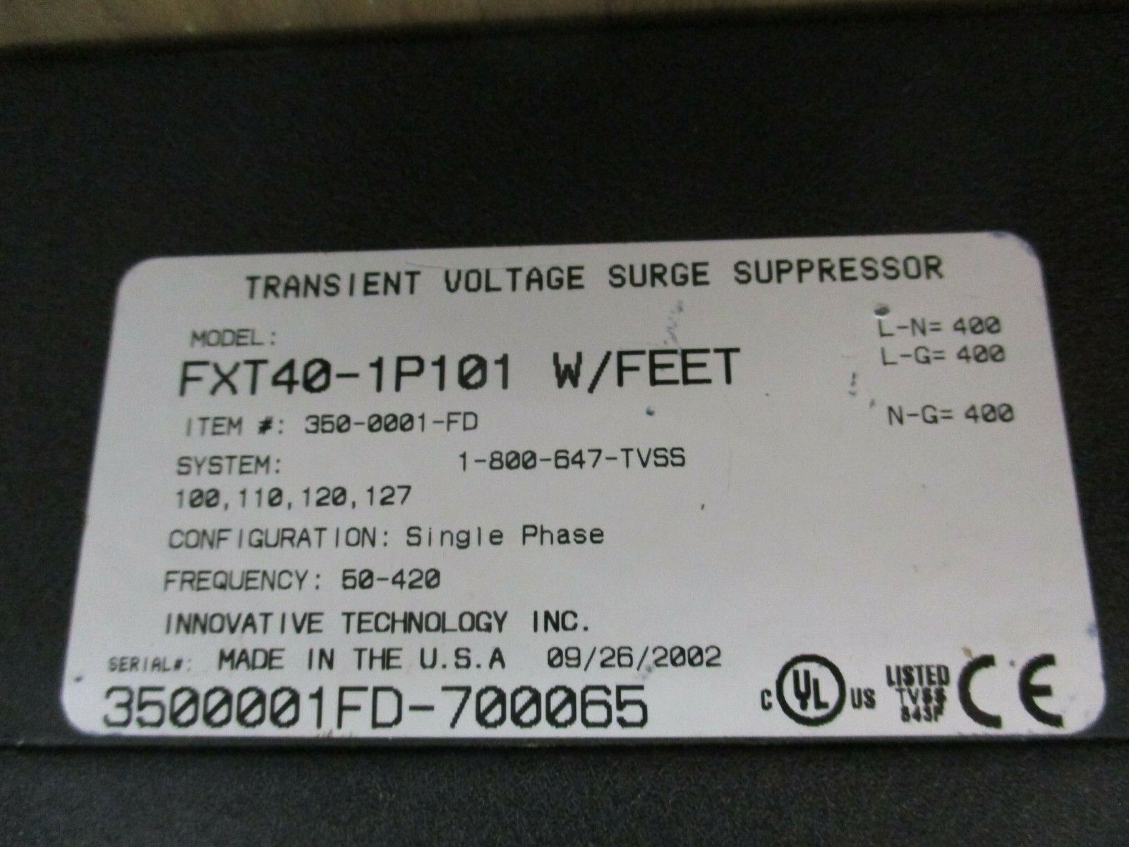 Innovative Technology Surge Suppressor FXT40-1P01 1Ph 50-420Hz 400 L-N, N-G, L-G