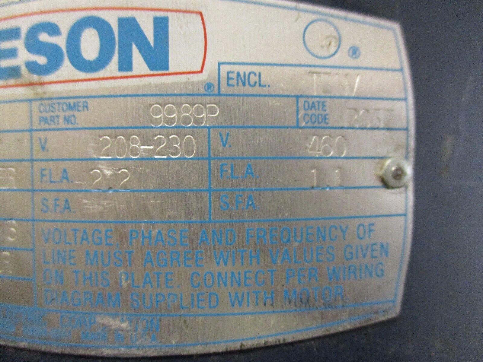 Leeson AC Motor 116069.00 1/2HP 1140RPM 56Y Frame 208-230/460V 2.2/1.1A Used