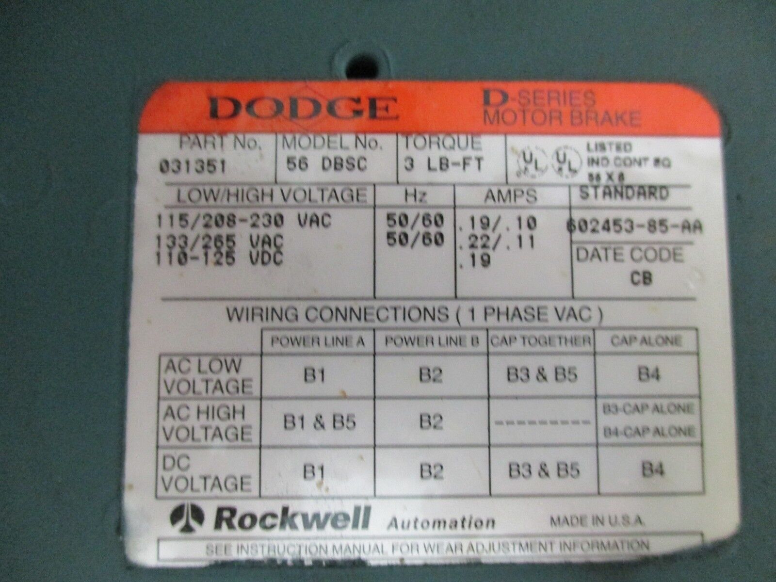 Reliance S-2000 Duty Master AC Motor w/ Gear & Brake B79K7268M 1HP Used