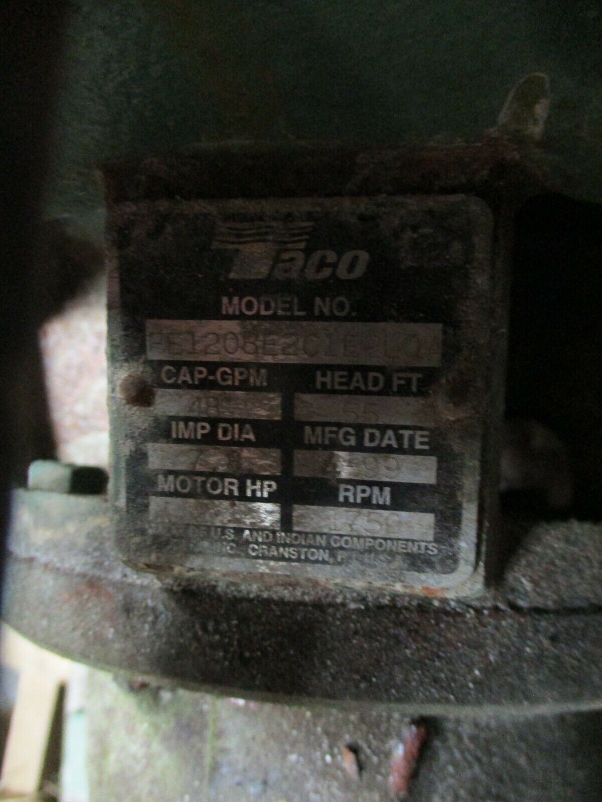 Taco Pump FE1208E2C1E2L0A 2HP 1750RPM 48GPM 55ft Head Used