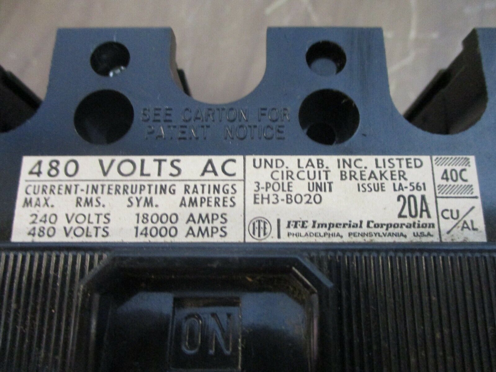 ITE Circuit Breaker EH3-B020 20A 480V 3P New Surplus