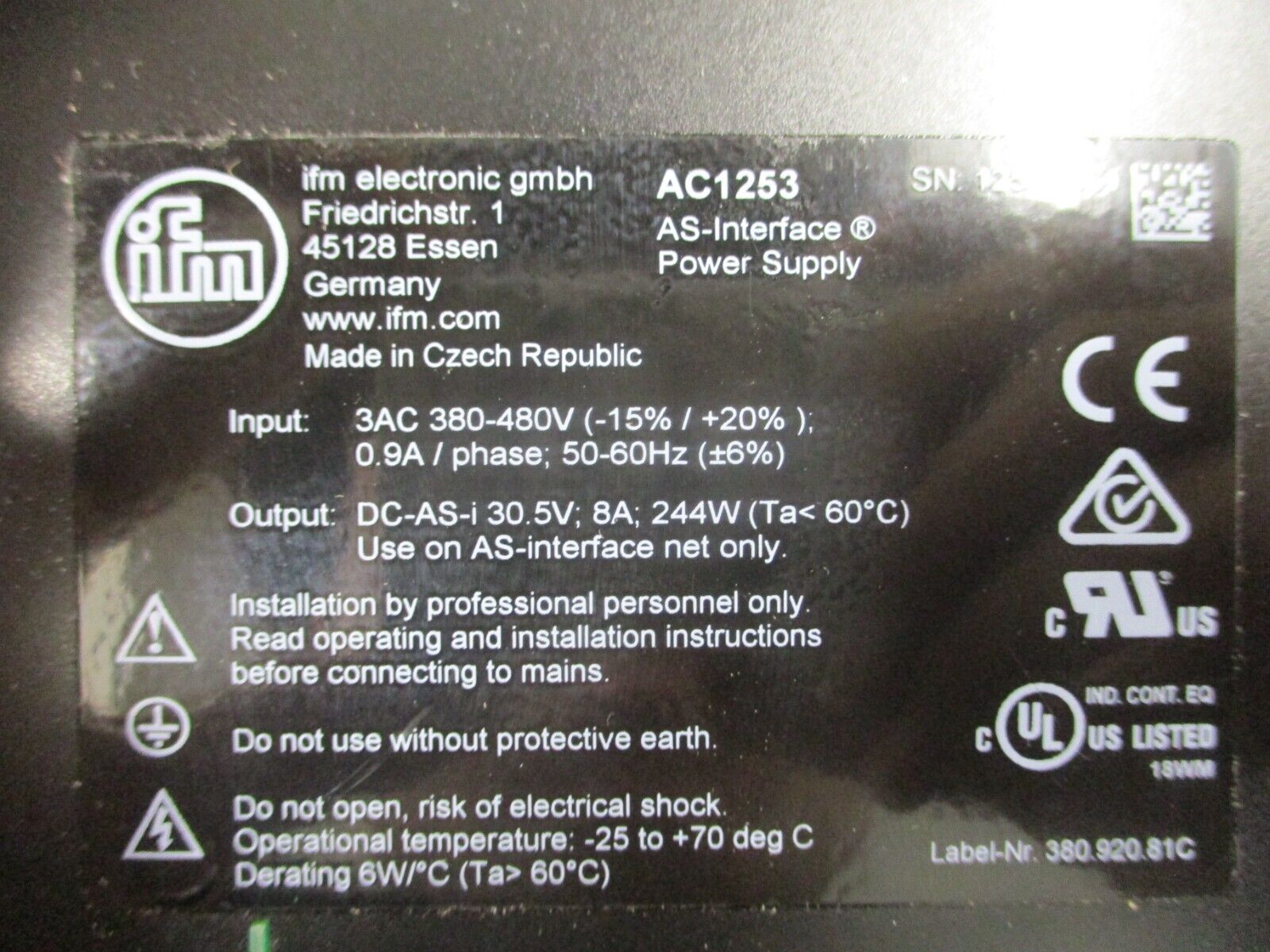 IFM AS-i Power Supply AC1253 Output: 30.5V 8A 244W New Surplus