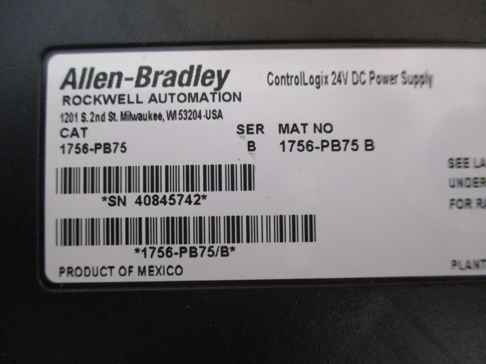 Allen-Bradley ControlLogix 24VDC Power Supply 1756-PB75 Ser. B Used