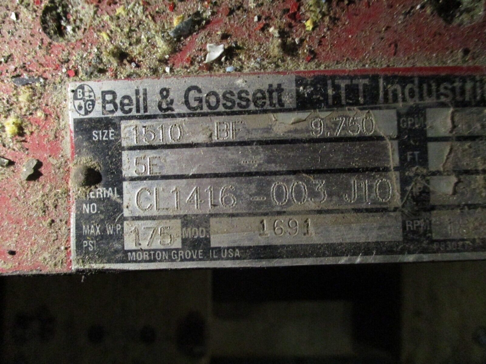 Bell & Gossett Pump 1510 BF 9.750 5E 1800RPM 25HP 941GPM 75ft Head 175PSI Used