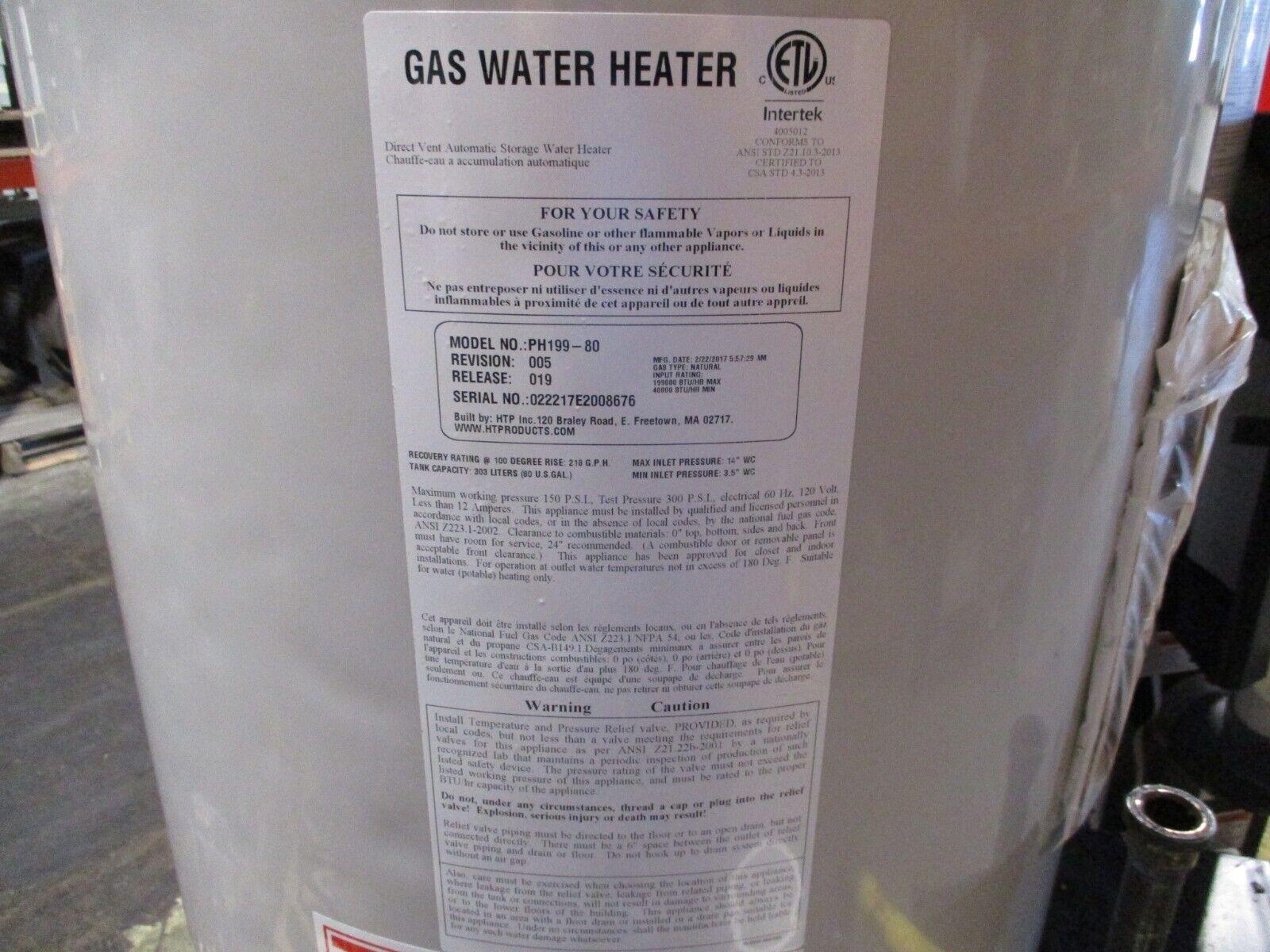 HTP Phoenix Water Heater PH199-80 Rev. 005 80-Gallon 199,000 BTU MFD: 2017 Used