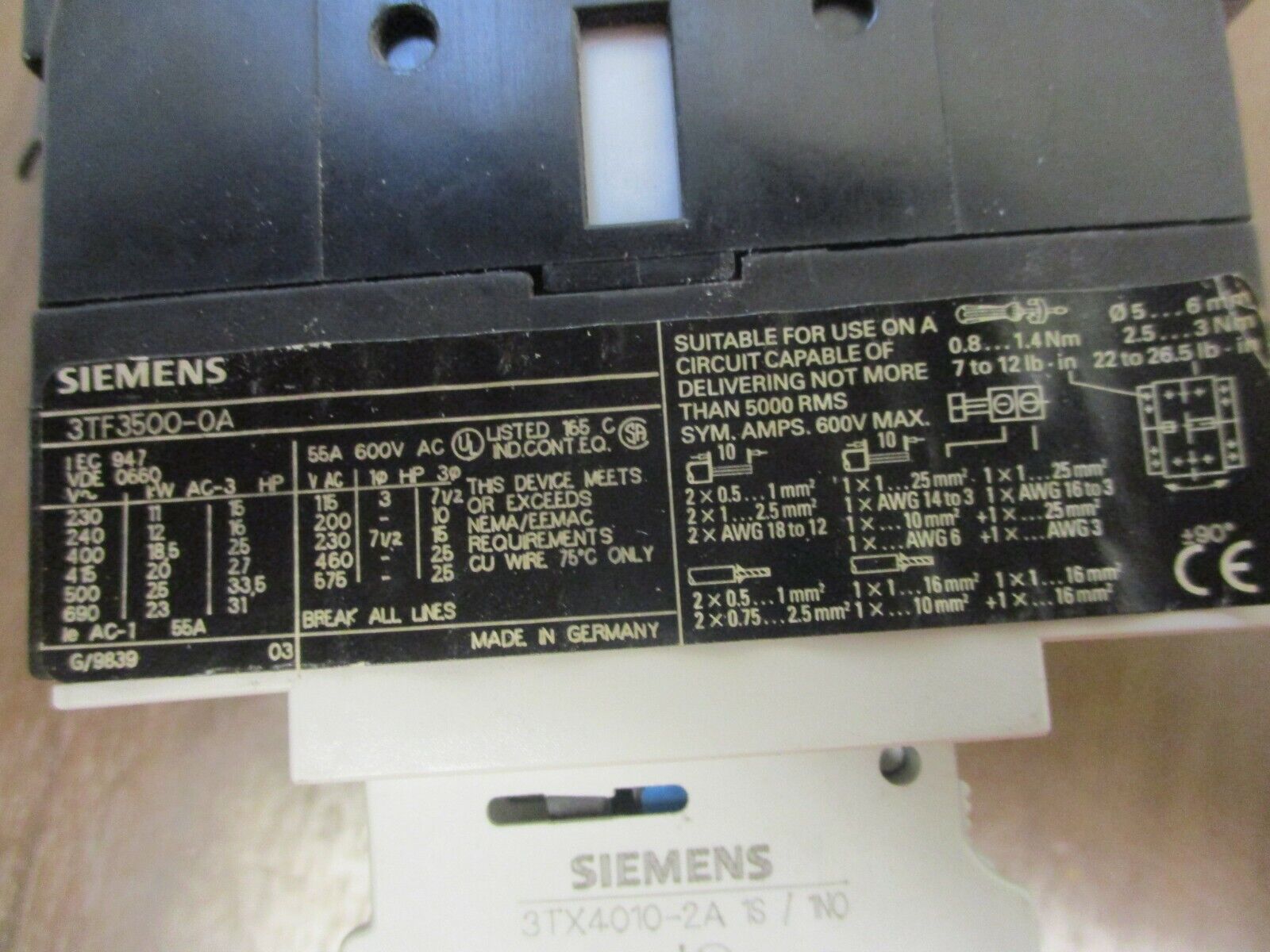 Siemens Contactor 3TF3500-0A 230V Coil 55A 600V w/ (3) Aux Contacts Used