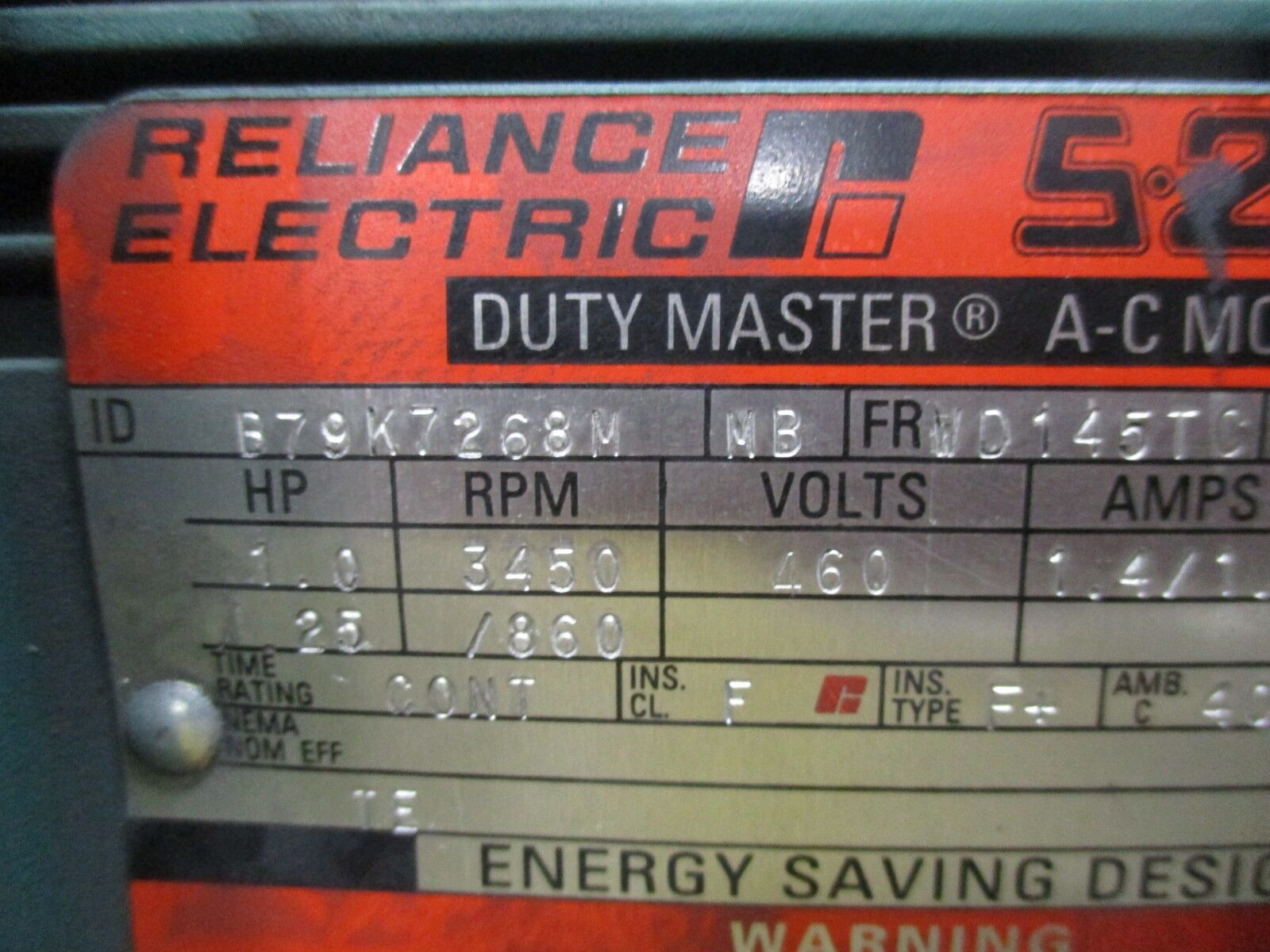 Reliance S-2000 Duty Master AC Motor w/ Gear & Brake B79K7268M 1HP Used