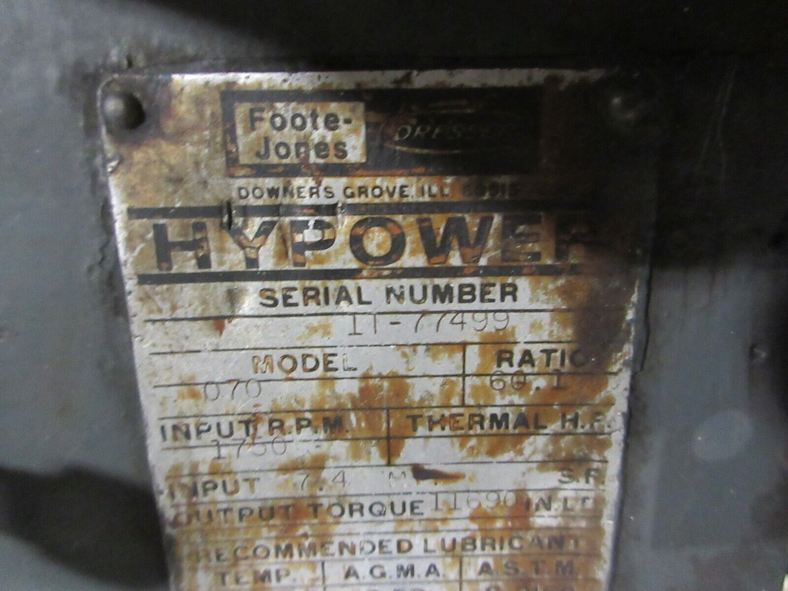 Foote-Jones Hypower Wormgear Drive 070 7.4HP 60.1 Ratio 1750RPM Used