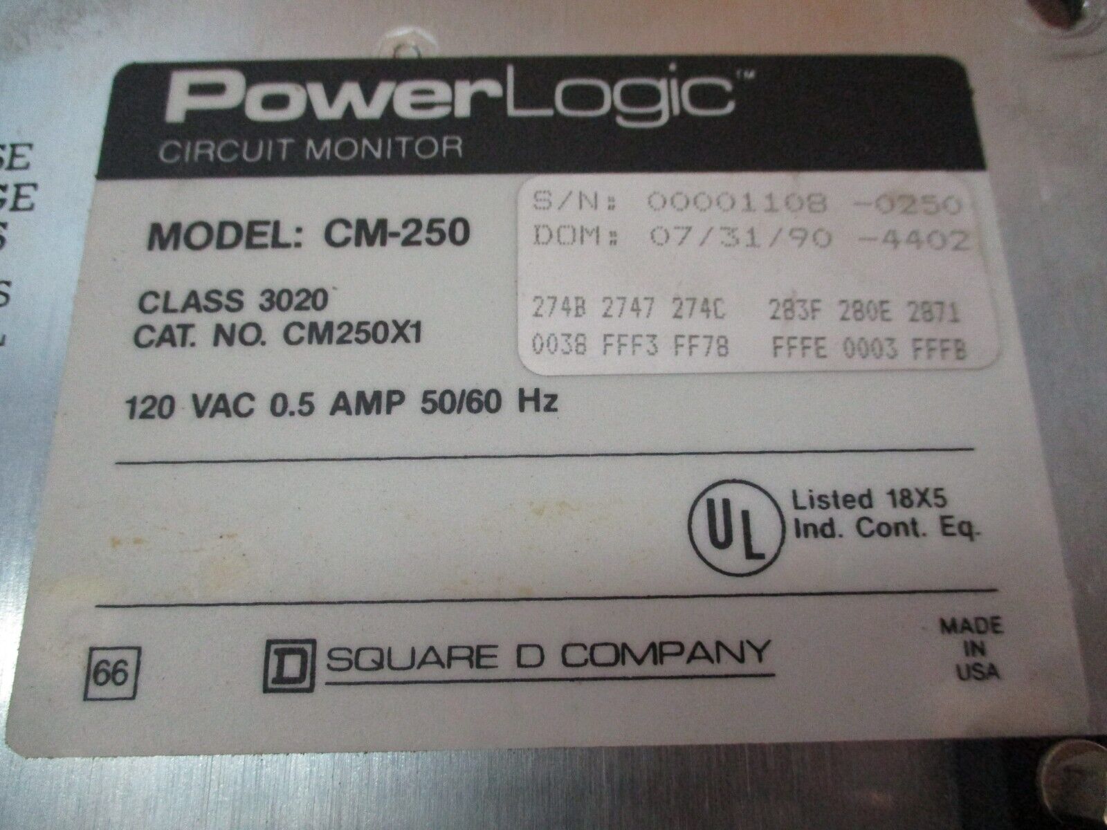 Square D PowerLogic Circuit Monitor 3020 CM250X1 120VAC 0.5A 50/60Hz Used