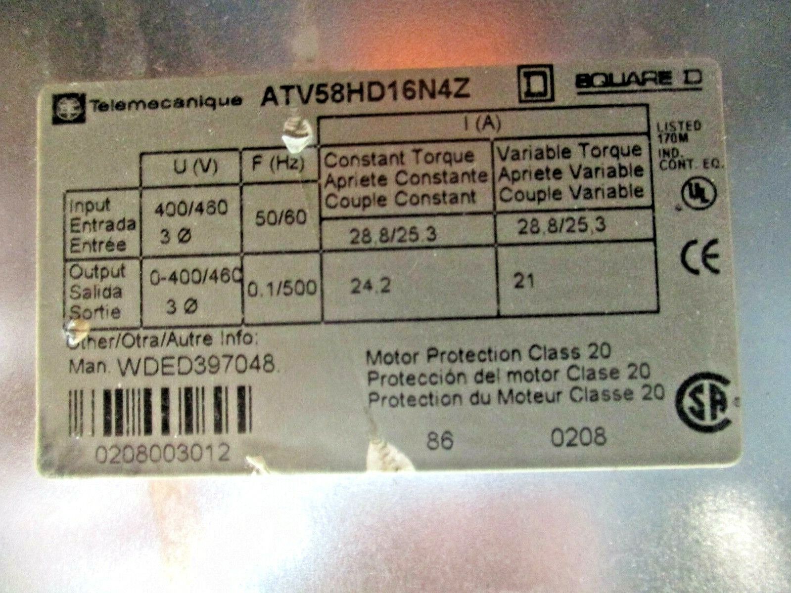 Square D Altivar 58 AC Drive ATV58HD16N4Z 15HP *No Keypad* Used