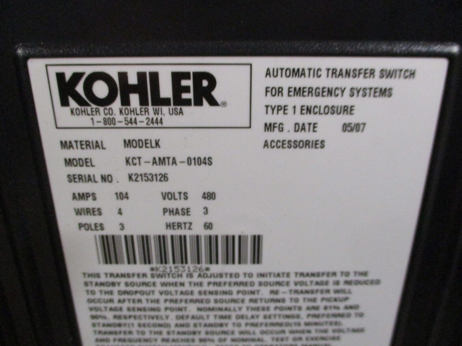Kohler Automatic Transfer Switch KCT-AMTA-0104S 104A 480V 3Ph 4W 3P 60Hz Used