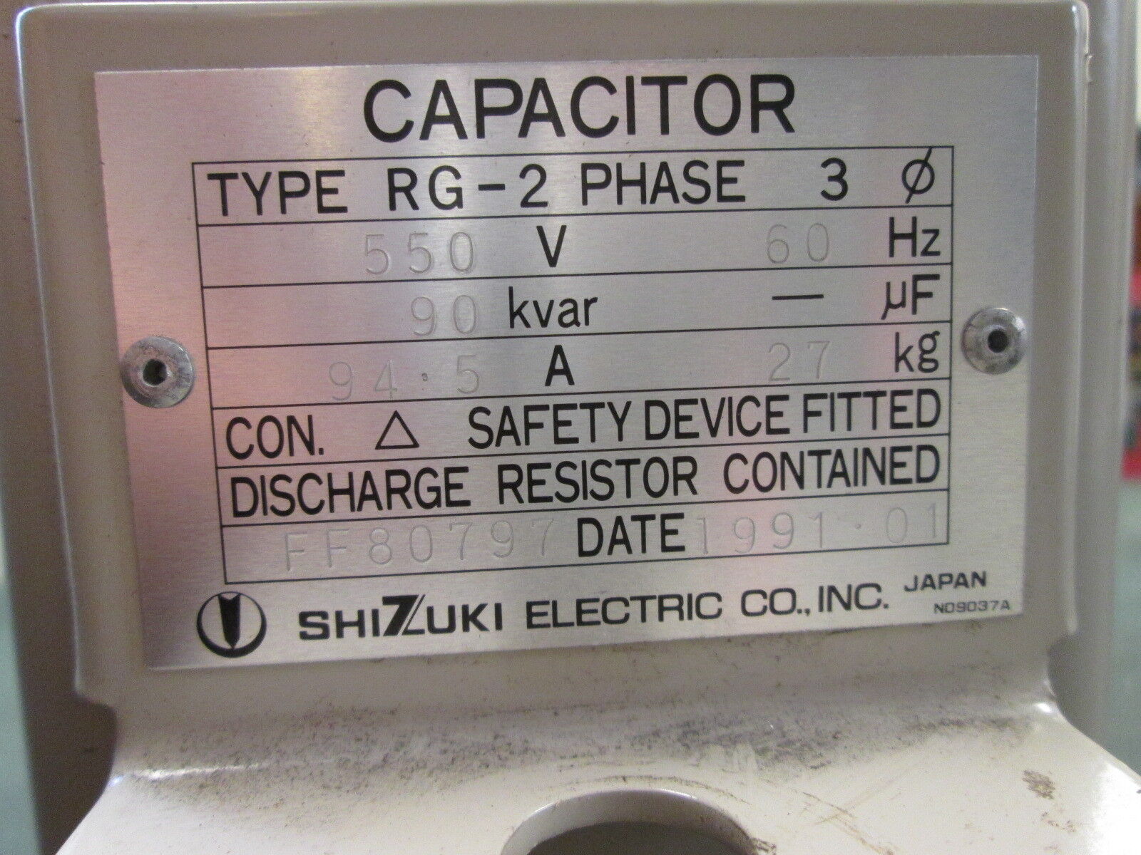 Shizuki Electric Capacitor RG-2 90 KVAR 550V 94.5A 60Hz 3Ph Used