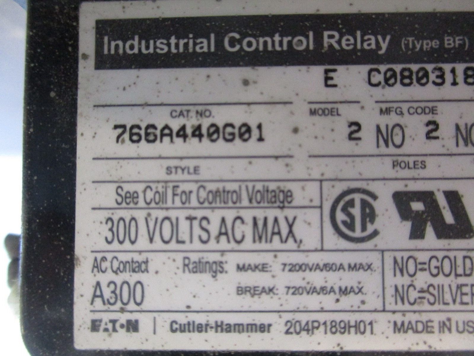 Eaton Cutler-Hammer Type BF Control Relay 766A440G01 Model E 120V Coil 10A 300V