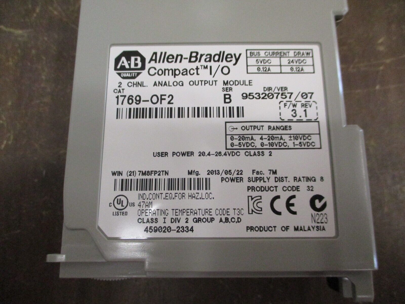 Allen-Bradley Compact I/O Analog Output Module 1769-OF2 Ser. B F/W Rev. 3.1 2-Ch