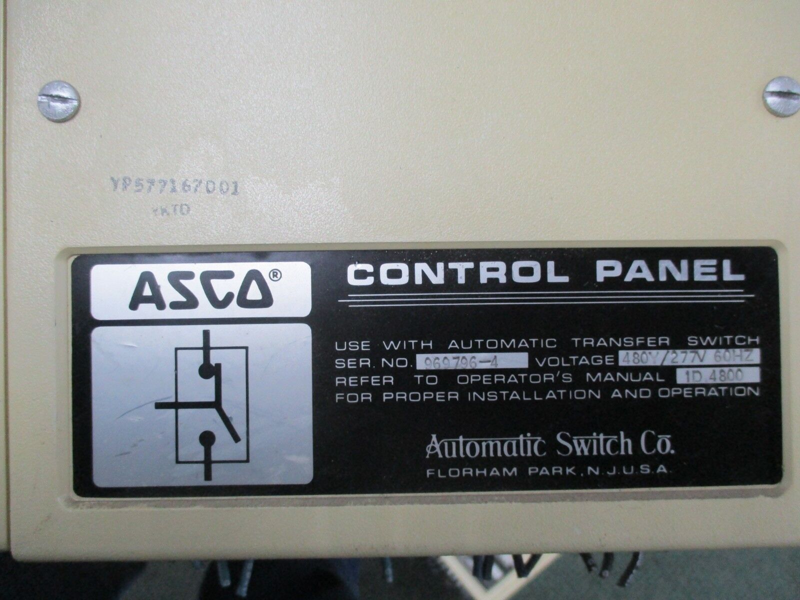 Asco Control Panel YP577167001 480Y/277V 60Hz Used