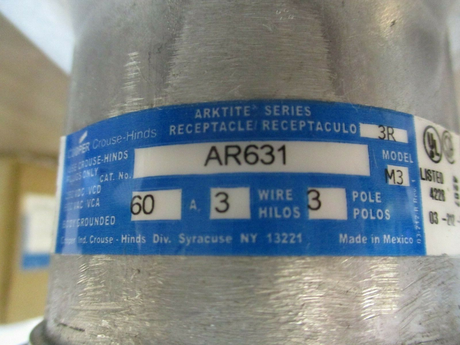 Cooper Crouse-Hinds Arktite 3R Receptacle AR631 60A 600V 3P 3W New Surplus