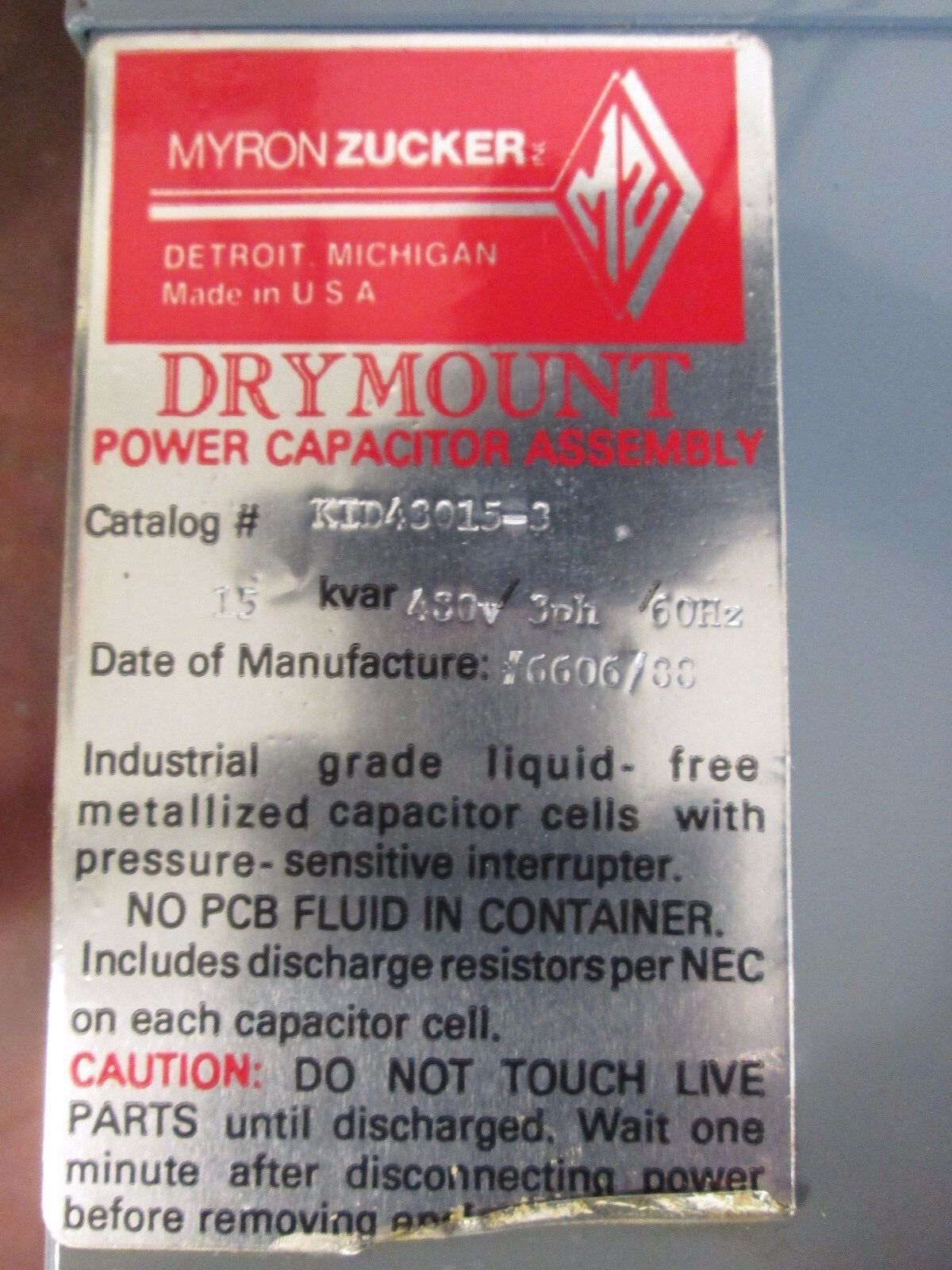 Calmount Drymount Power Capacitor KID43015-3 15 KVAR 480V 60Hz 3Ph Used