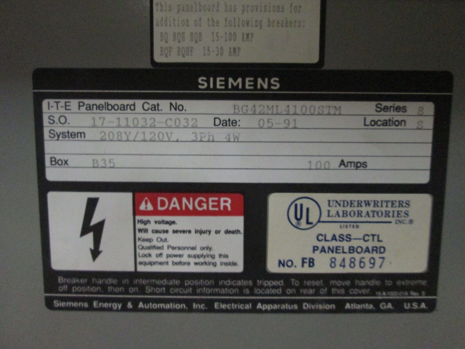 Siemens Main Lug Breaker Panel BG42ML4100STM 100A Main Lug 208Y/120V 3Ph 4W Used