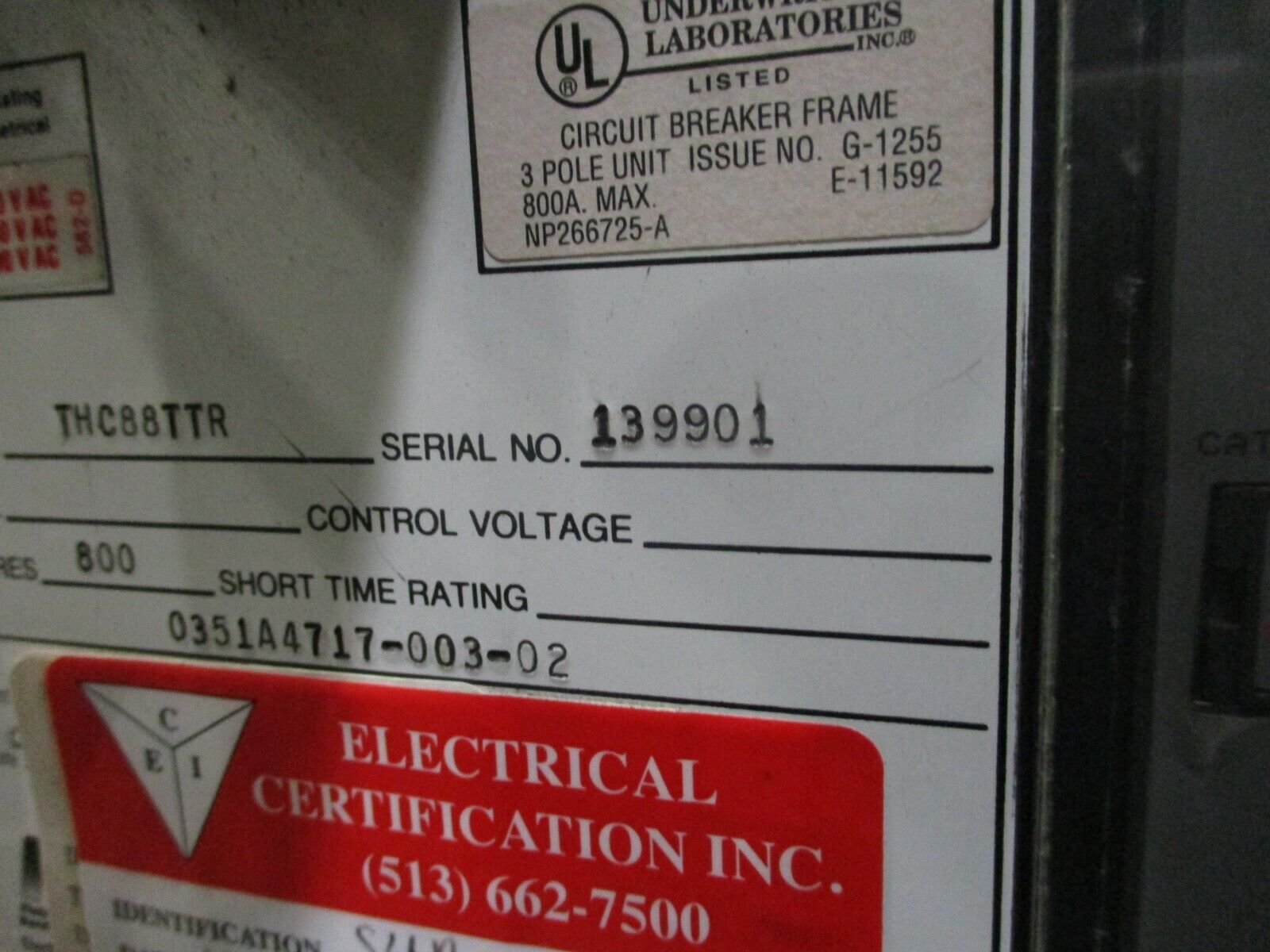 GE Power Break Circuit Breaker THC88TTR 600A Rating Plug w/ Trip Used