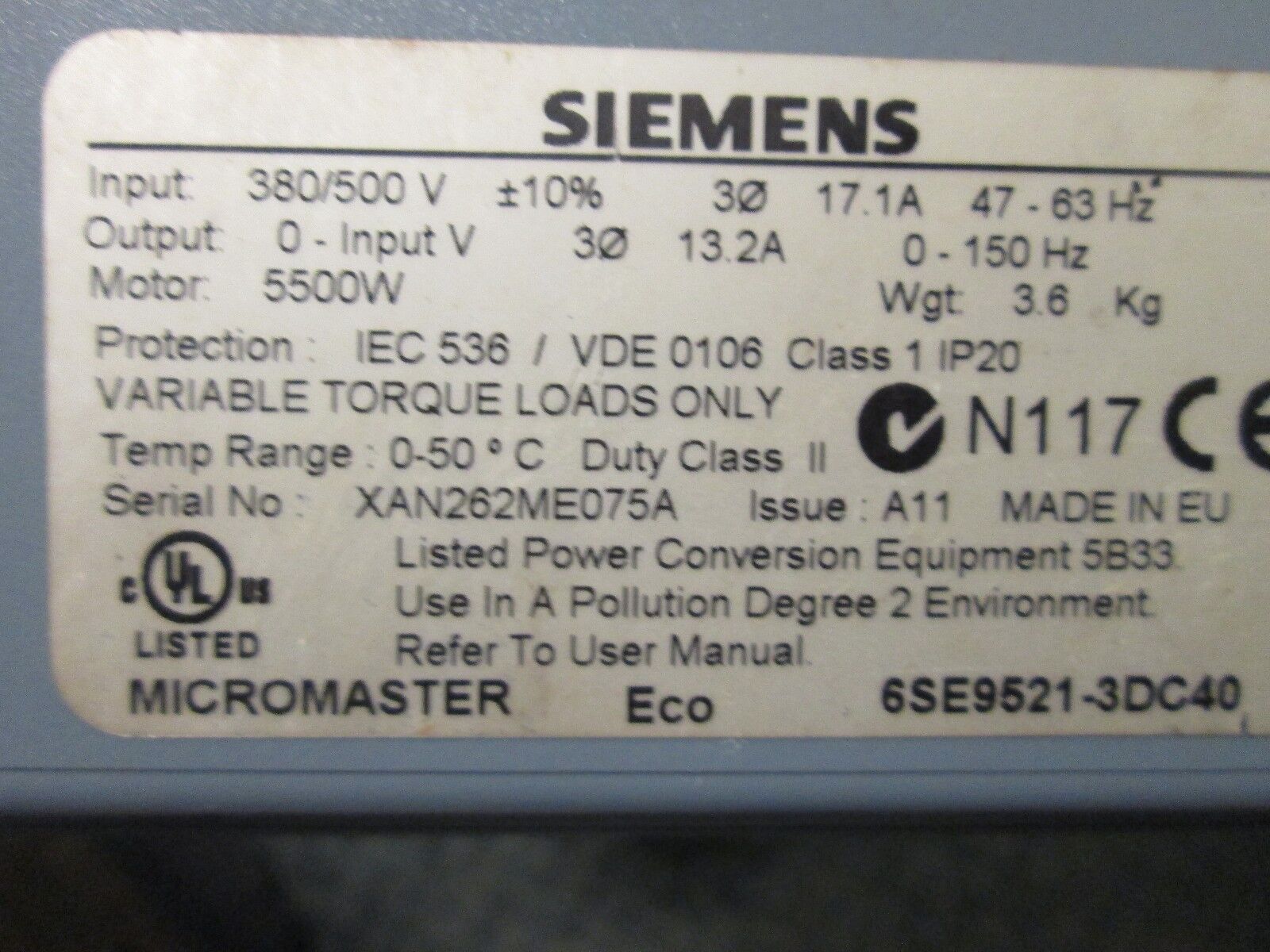 Siemens Micromaster AC Drive 6SE9521-3DC40 7.5HP Used