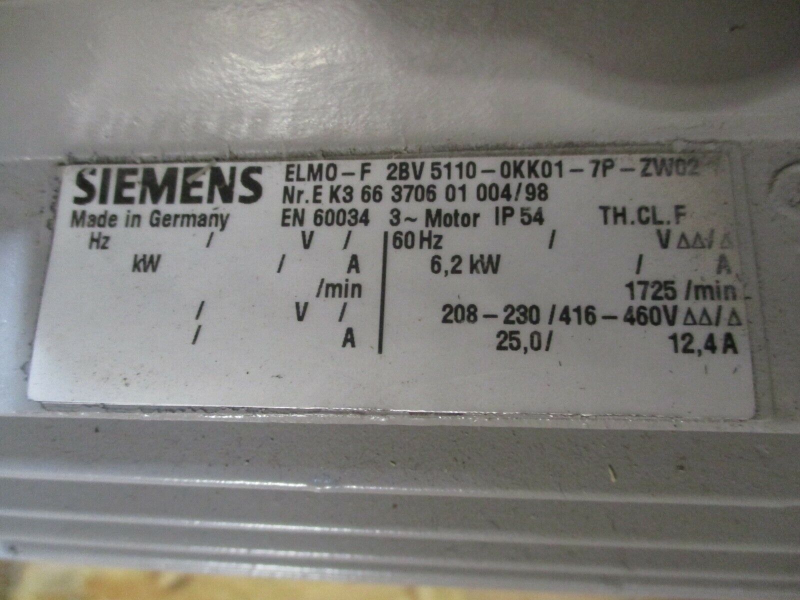 Siemens Vacuum Pump ELMO-F 28V 5110-0KK01-7P-ZW02 6.2kW 208-230/416-460V Used