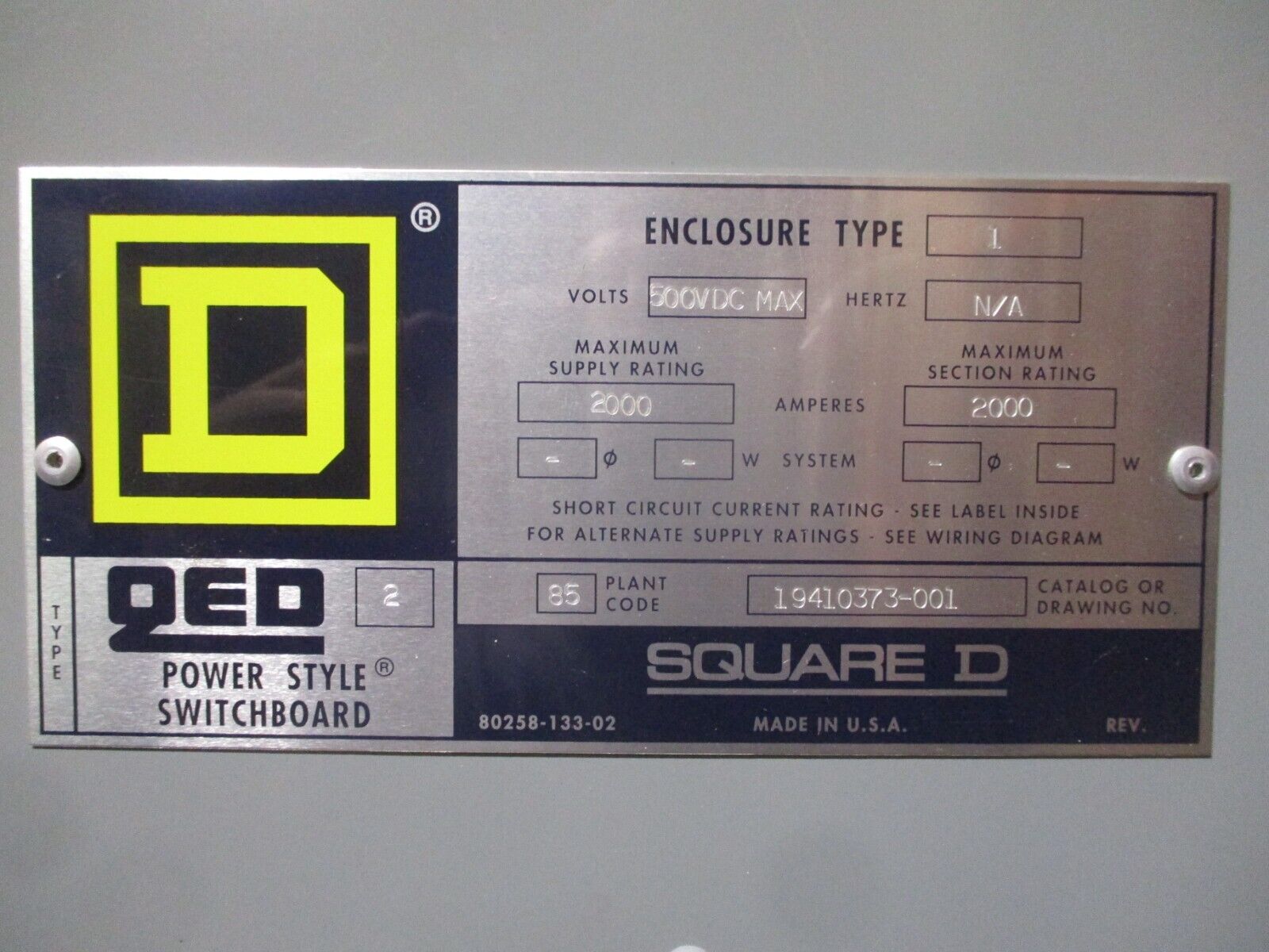 Square D DC Breaker Disconnect PAF362000DC2100 500VDC 2000A Encl: 19410373-001