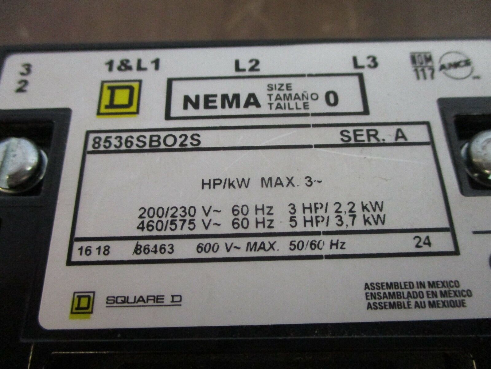 Square D Size 0 Starter 8536SBO2S Ser. A 120V Coil *Missing (1) Terminal Screw*