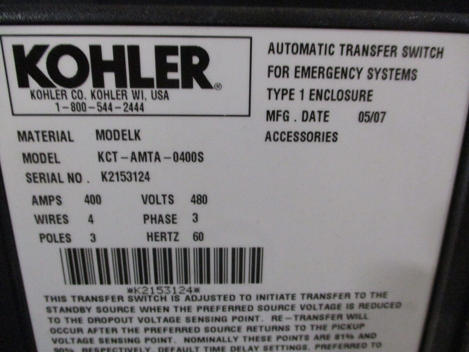 Kohler Automatic Transfer Switch KCT-AMTA-0400S 400A 480V 3Ph 4W 3P 60Hz Used