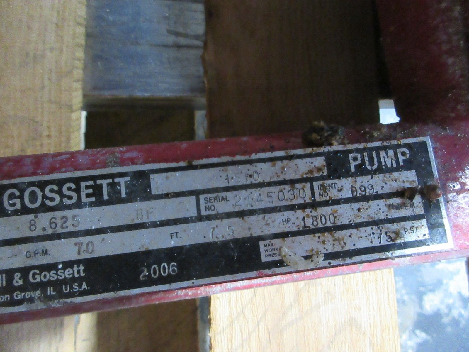 Bell & Gossett 1510 Pump 2.5BB 8.625 BF 7.5HP 70FT Head 220GPM 1800RPM Used