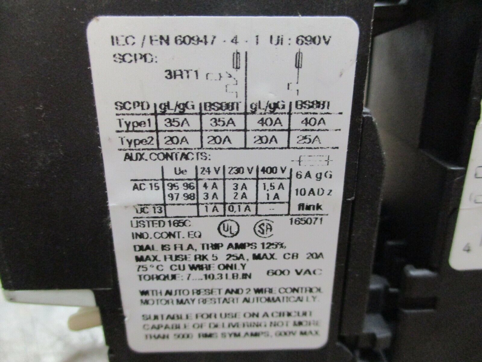 Siemens Sirius Starter 3RT1017-1AK61/3RU1116-1GB0 120V Coil 20A 600V Used