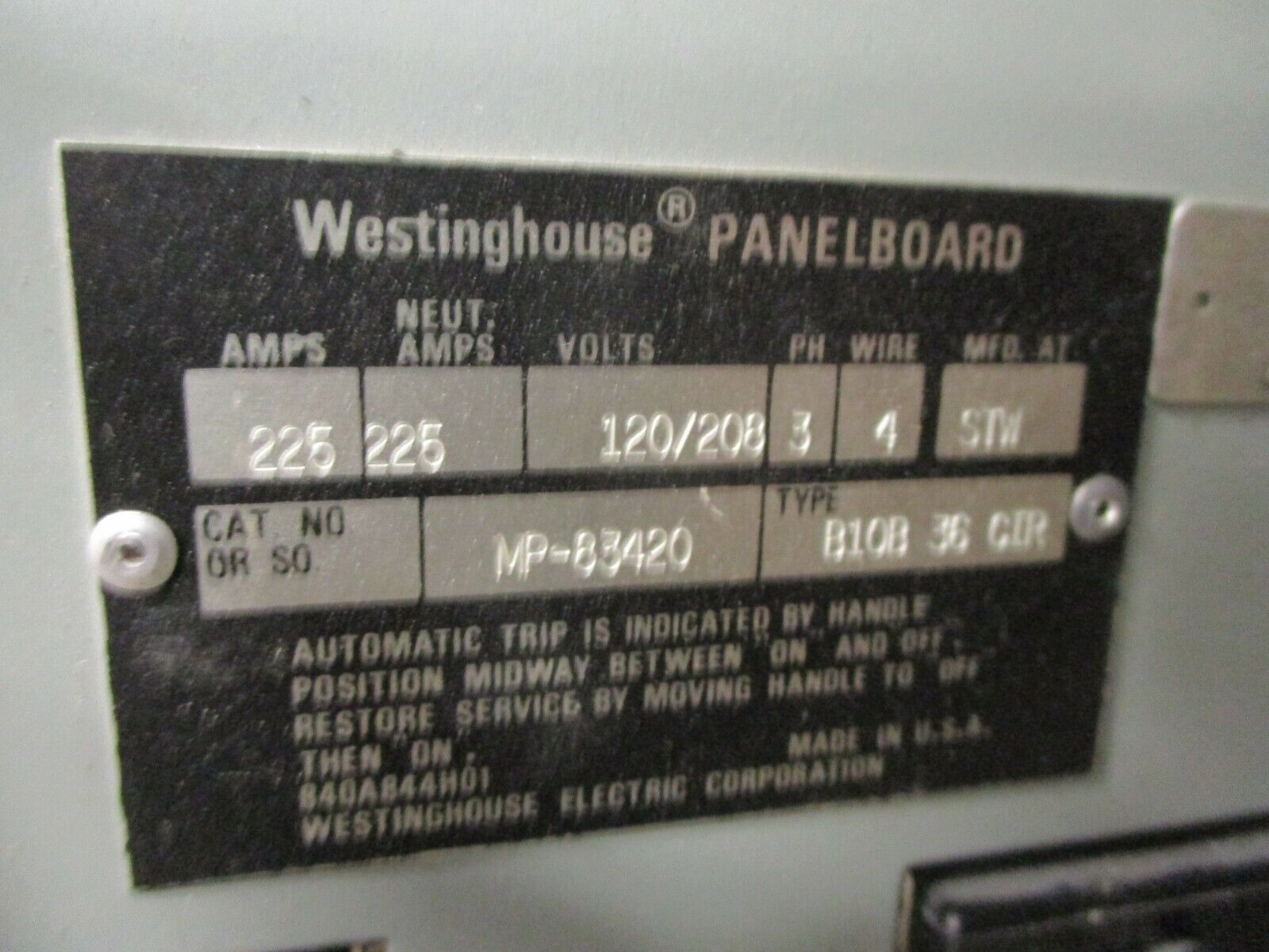 Westinghouse Main Breaker Circuit Breaker Panel MP-83420 225A Max 120/208 3Ph 4W