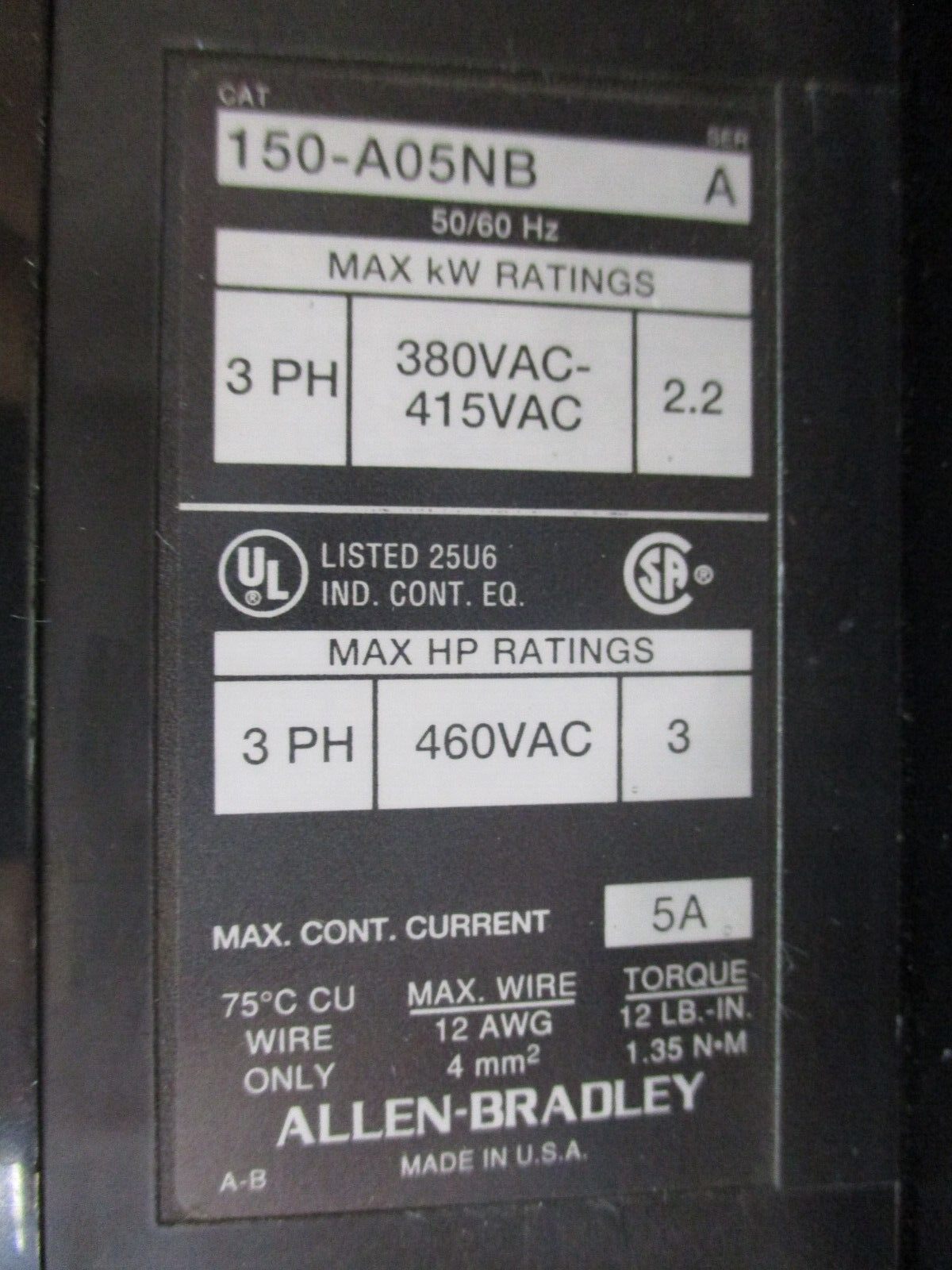 Allen-Bradley SMC-2 Soft Start 150-A05NB Ser. A 3HP 3Ph 460V 5A Used