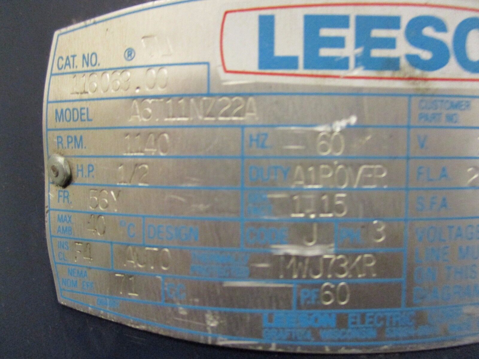 Leeson AC Motor 116069.00 1/2HP 1140RPM 56Y Frame 208-230/460V 2.2/1.1A Used