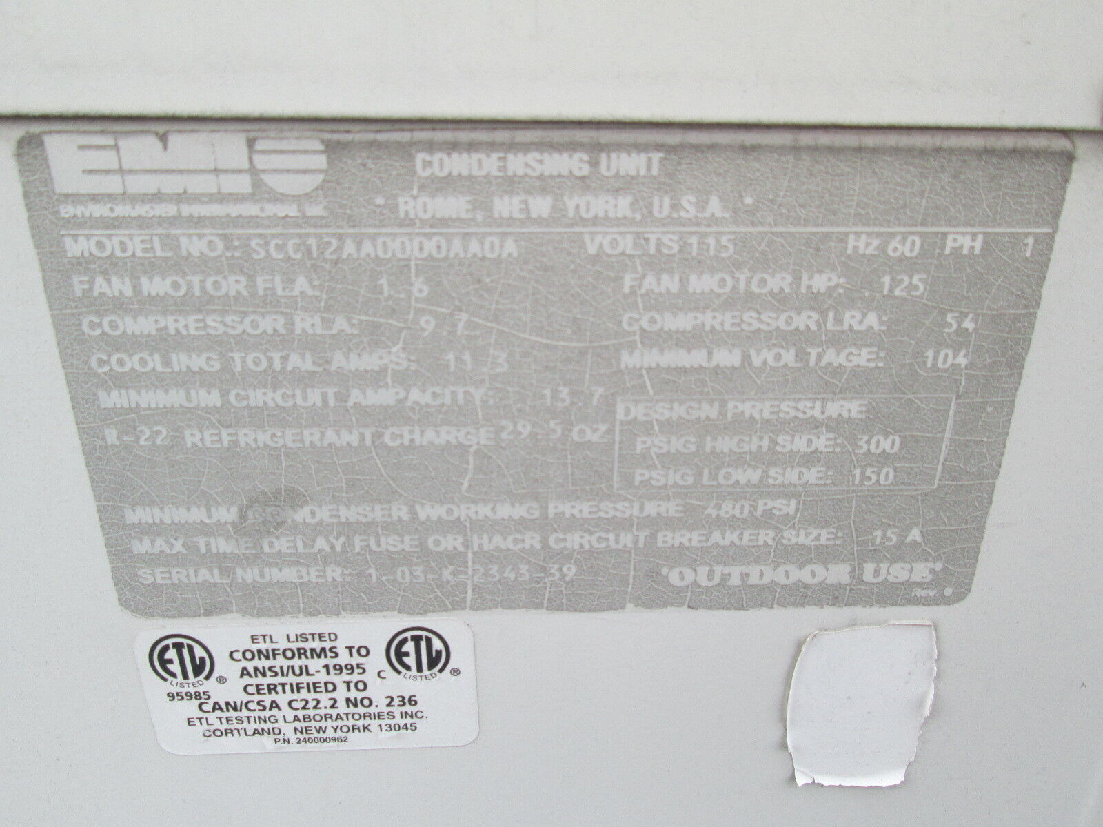 EMI SCC Condenser SCC12AA00 00AA0A 12,000 BTU's 115V Straight Cooling Used