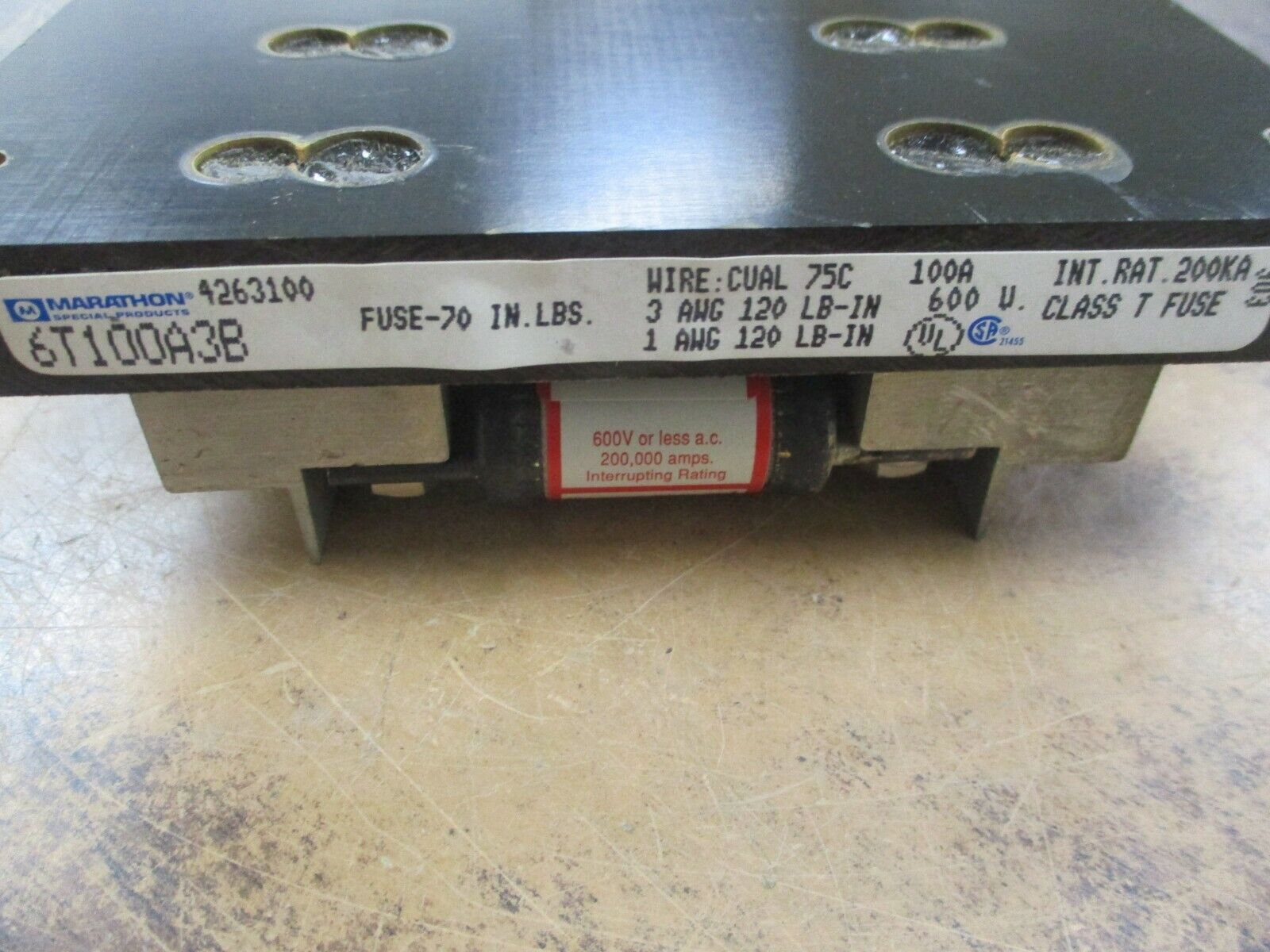 Marathon Fuse Holder w/ Fuses 6T100A3B 100A 600V w/ (3) 70A Fuses Used