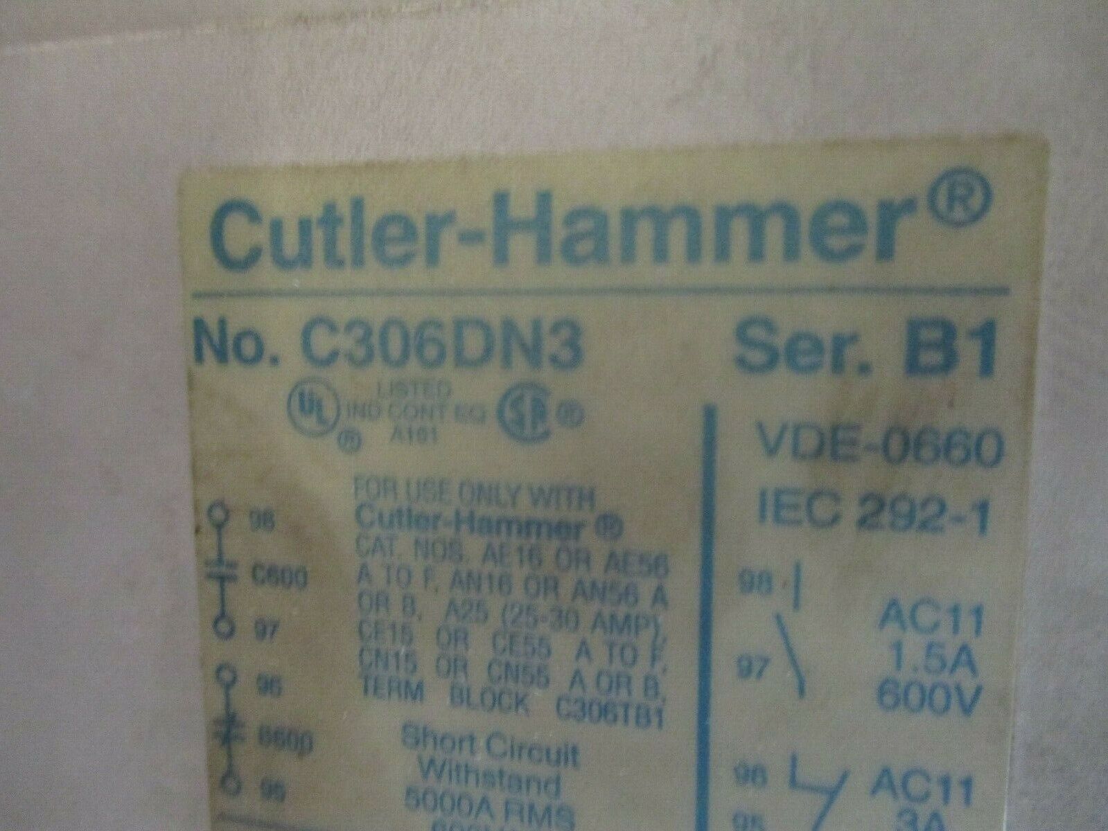 Eaton Cutler-Hammer Size 0 Starter AN16BN0 / C306DN3 18A 600V Used