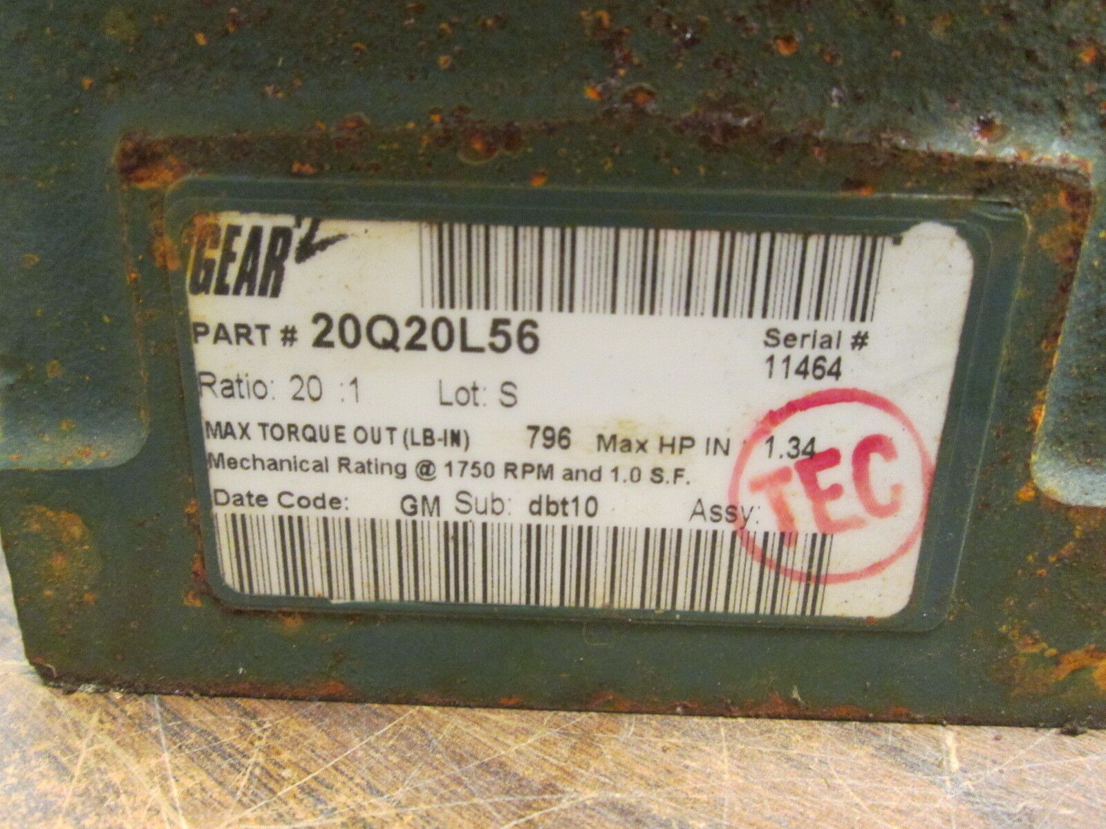Dodge Tigear 2 Reducer 20Q20L56 Ratio 20:1 1.34 HP-IN 796 LB-IN Torque Out Used