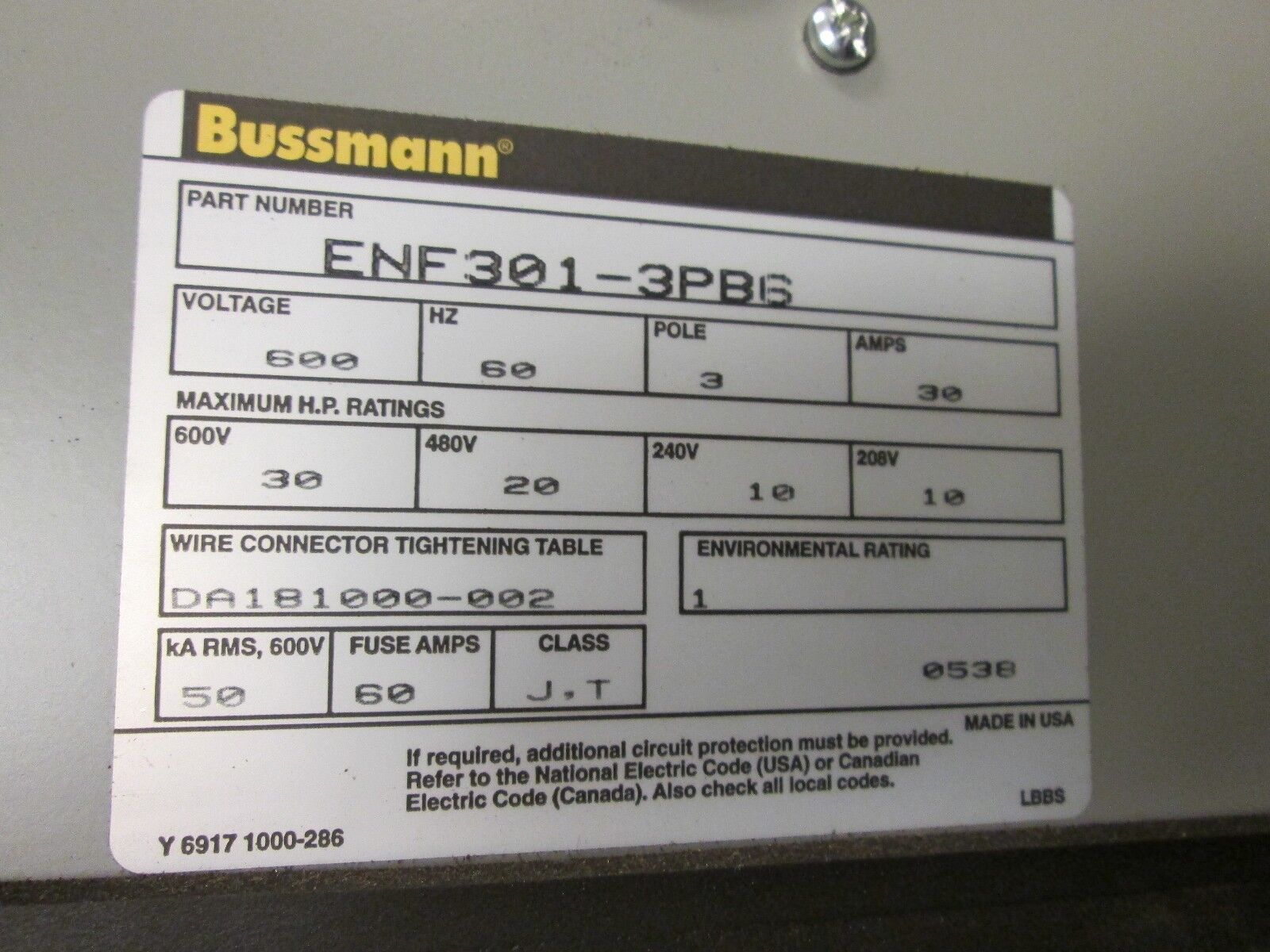 Bussmann Disconnect Switch ENF301-3PB6 30A 600V *Missing Door Clamp* Used