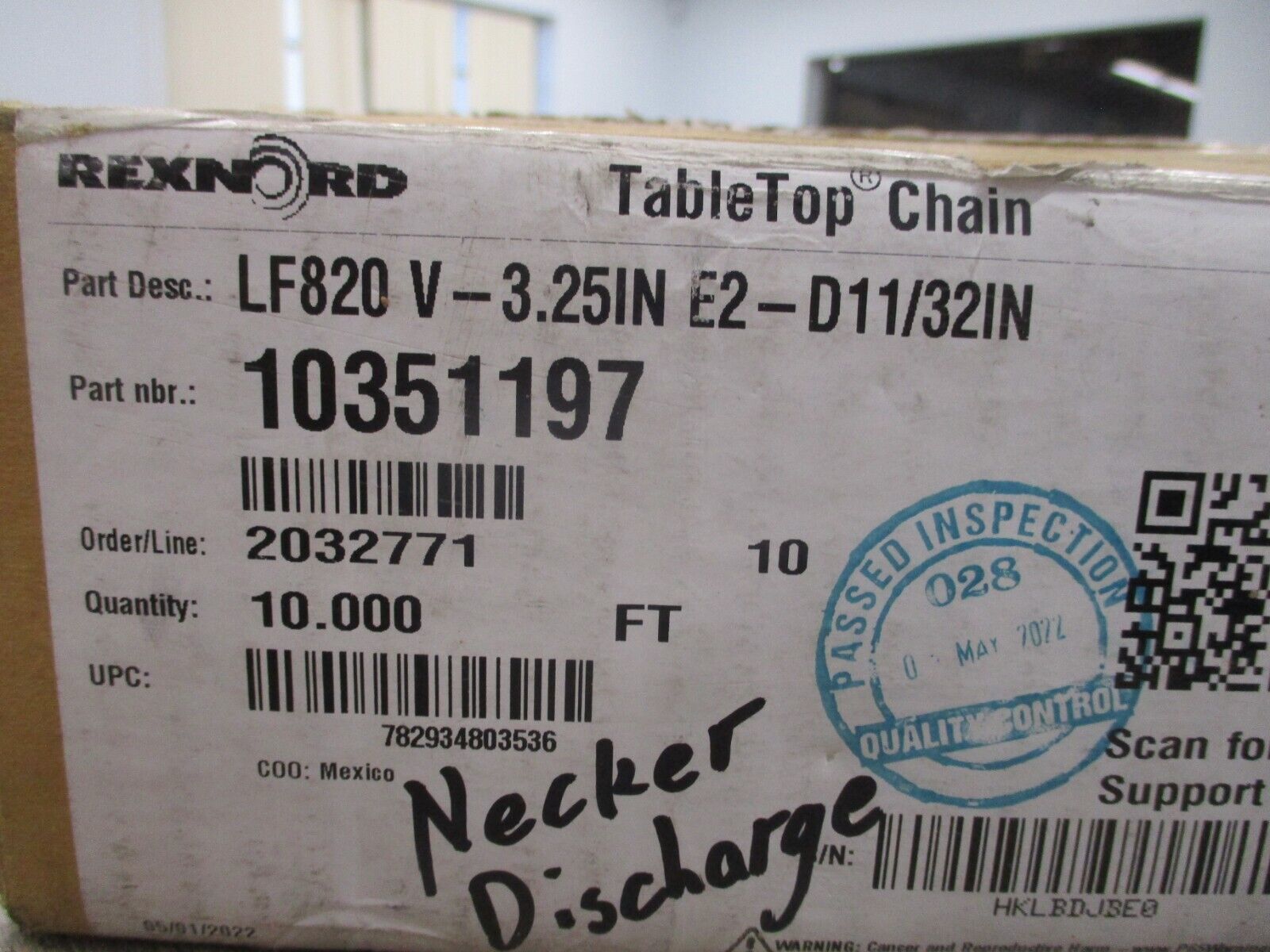 Rexnord TapleTop Chain 10351197 LF820 V-3.25INE2-D11/32IN New Surplus