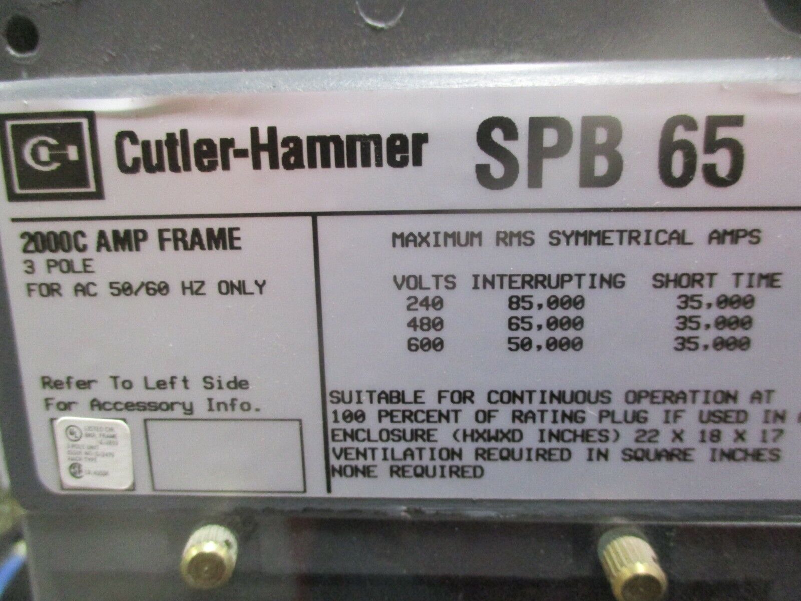 Cutler-Hammer SPB 65 Circuit Breaker SPBSR321R B 2000C Frame 2000A Plug Used