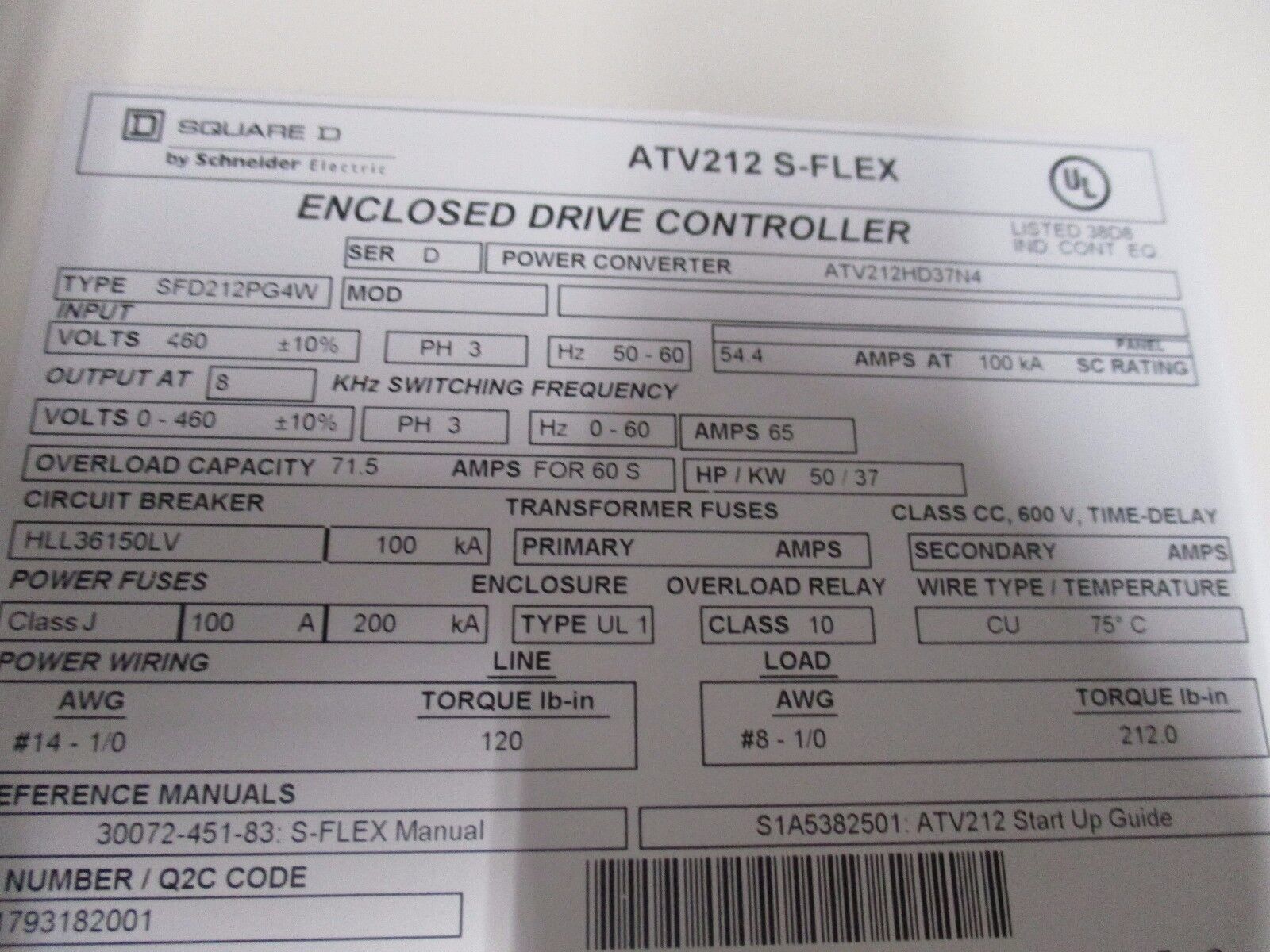 Square D ATV212S-Flex AC Drive W/Disconnect ATV212HD37N4 50HP Used