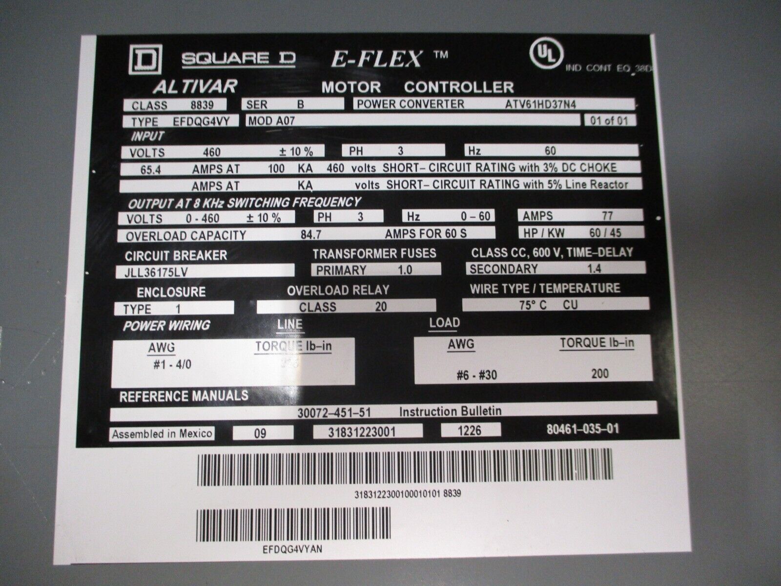Square D E-Flex Altivar AC Drive w/ Bypass 8839 EFDQG4VY Ser. B 60HP 3Ph Used