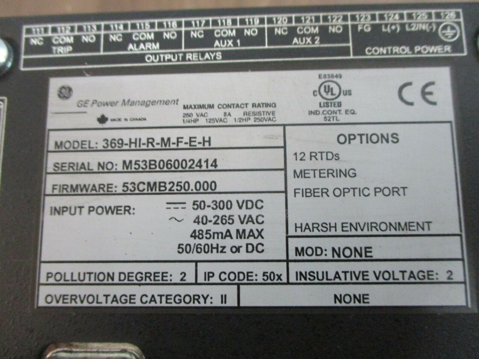 GE 369 Motor Management Relay 369-HI-R-M-F-E-H F/W: S3CMB250.000 50-300VDC Used