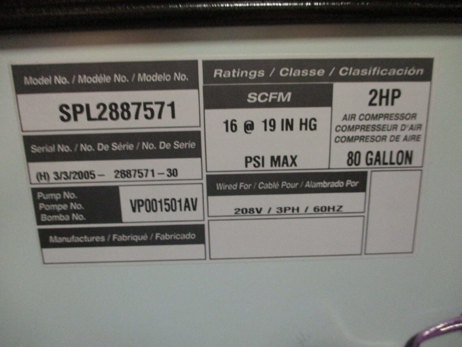 Powerex Air Compressor SPL2887571 2HP 80-Gallon Tank 16 SCFM 208V 3Ph 60Hz Used