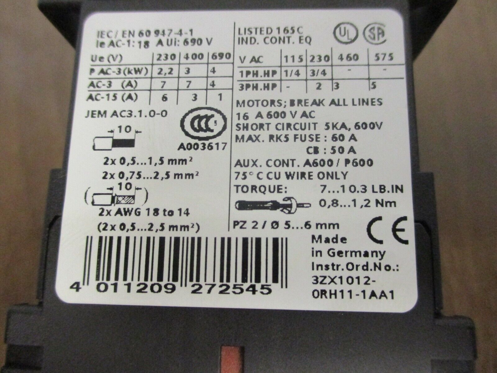 Siemens Sirius 3R Contactor 3RT1015-1BB41 24VDC Coil 16A 600V, Used