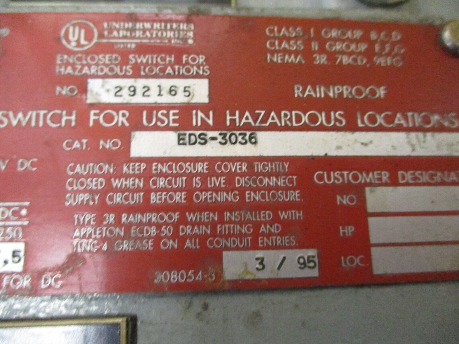 Appleton Explosion Proof Disconnect Switch EDS-3036 30A 600V 3P Used