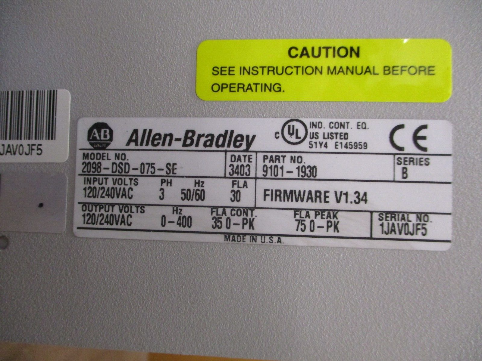 Allen-Bradley Ultra 3000 Servo Drive 9101-1930 Model #: 2098-DSD-075-SE Ser. B