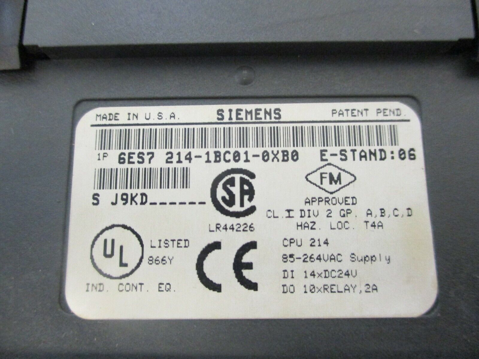 Siemens CPU 214 Controller 6ES7 214-1BC01-0XB0 E-Stand: 06 85-264VAC Used