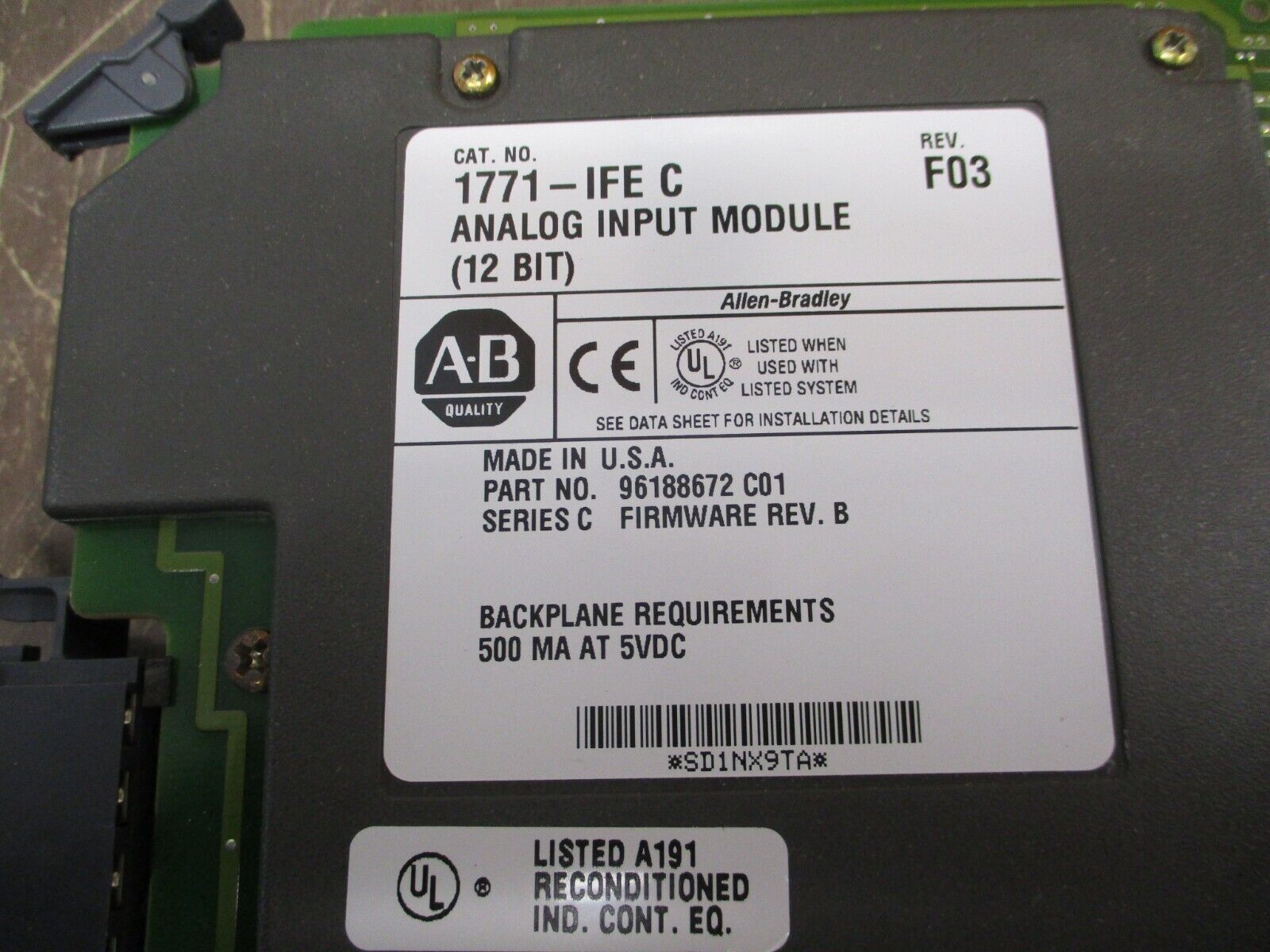Allen-Bradley 12-Bit Analog Input Module 1771-IFE/C Ser C Rev F03 F/W Rev B Used
